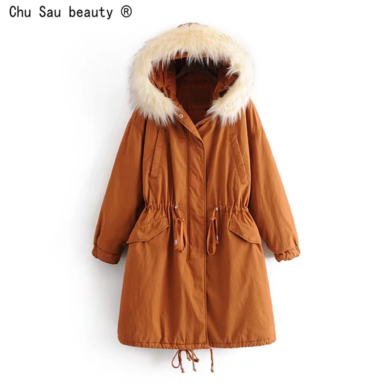

2021 Winter New Safari Style Casual Warm Thick Padded Jacket Fur Collar Fashion Drawstring Loose Parka Hooded Long Coat Women