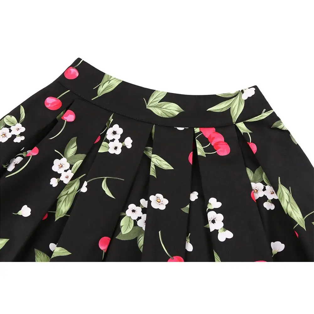 

SISHION 2021 High Waist Women Cotton Vintage Skirt SS0012 Cherry Floral Print 50s 60s Pleated Black Skirt Jupe Femme