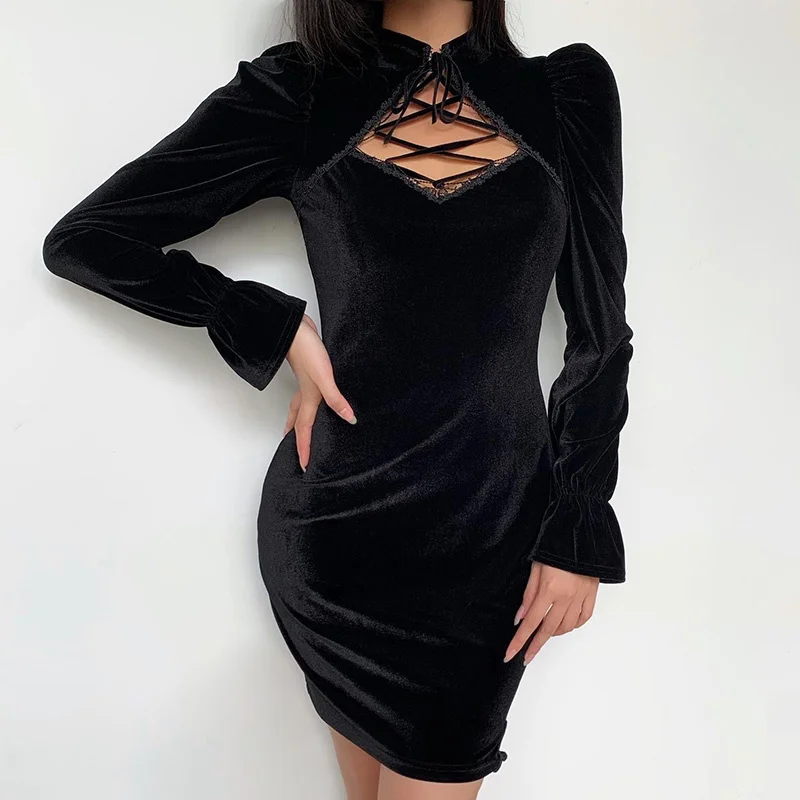 

hirigin Gothic Vintage Elegant Black Velvet Dress Women Harajuku Lace Up Hollow Out Long Sleeve Dress High Waist Vestidos New