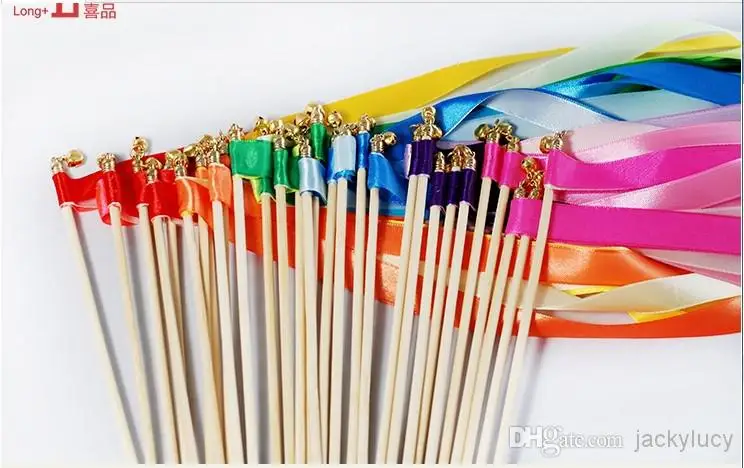 

New Romantic Wedding Decoration Colorful Ribbon Wish Wands With Bells Party Holiday Fairy Stick Shooting Props Cheering Item