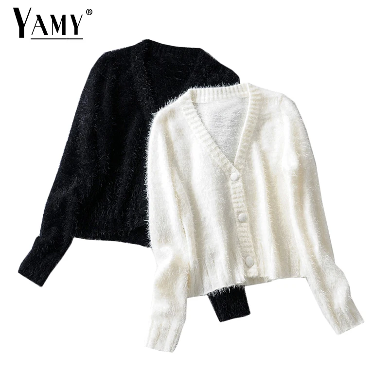 Женский укороченный вязаный свитер с v-образным вырезом на осень и зиму 2019 |