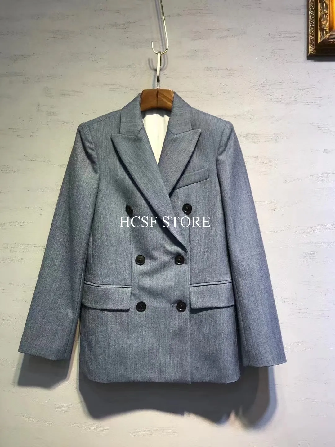 

Women Blazer Double Breasted Notched Pockets Long Sleeve Casual 2021 Autumn New Lady Suit Coat