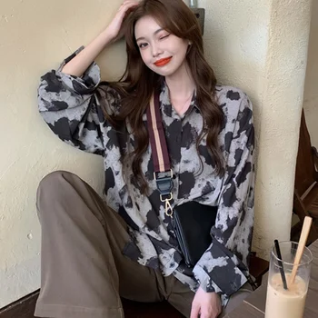 Ladies Shirt Spring And Autumn Style Artistic Leopard Print Loose Tie-dye Women's Long-sleeved Blouses 1