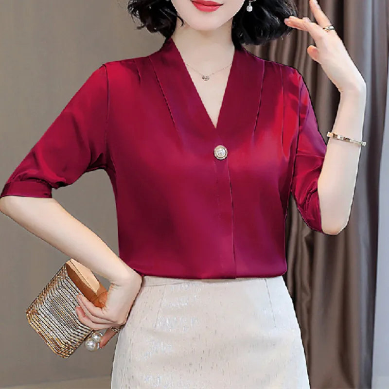 

Women Shirt Silk Solid Blouses for Summer Women Short Sleeve Top Women Satin Thin White V-neck Clothing Female 2022 Basic Blouse