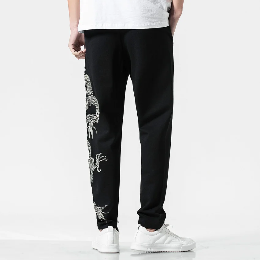 Брюки с вышивкой дракона свободные Азиатская мода уличная одежда кимоно