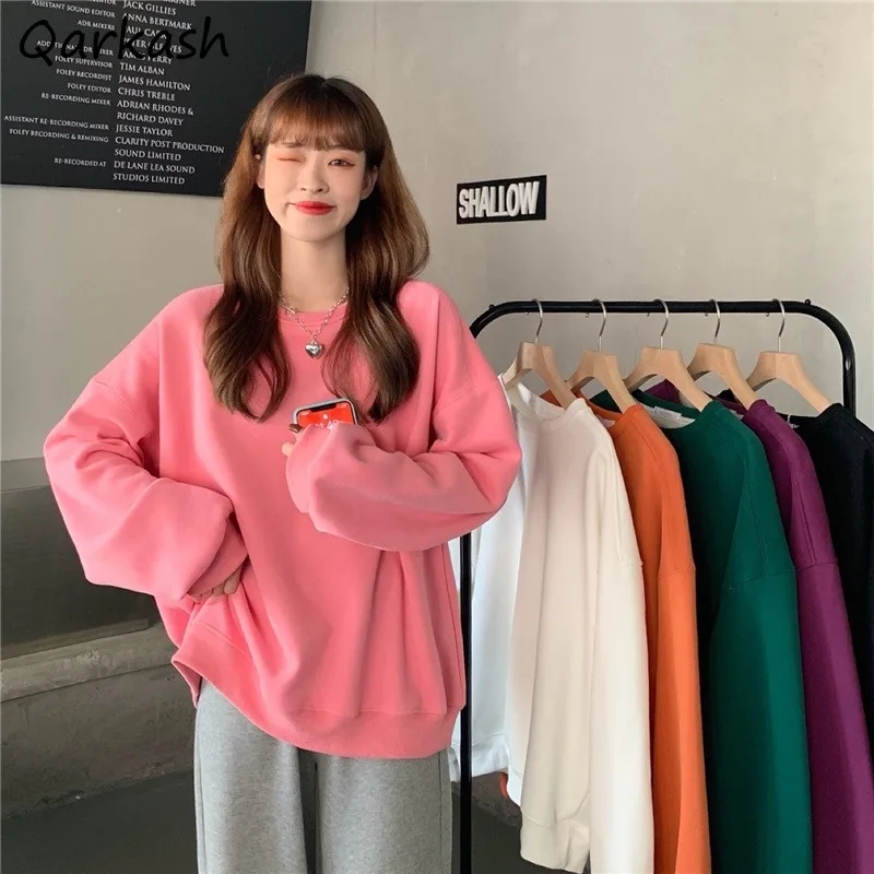 

Sweatshirts Women Solid O-neck Simple All-match Leisure Femme Thickening Autumn Students 6 Colors Popular Basic Clothing Mujer