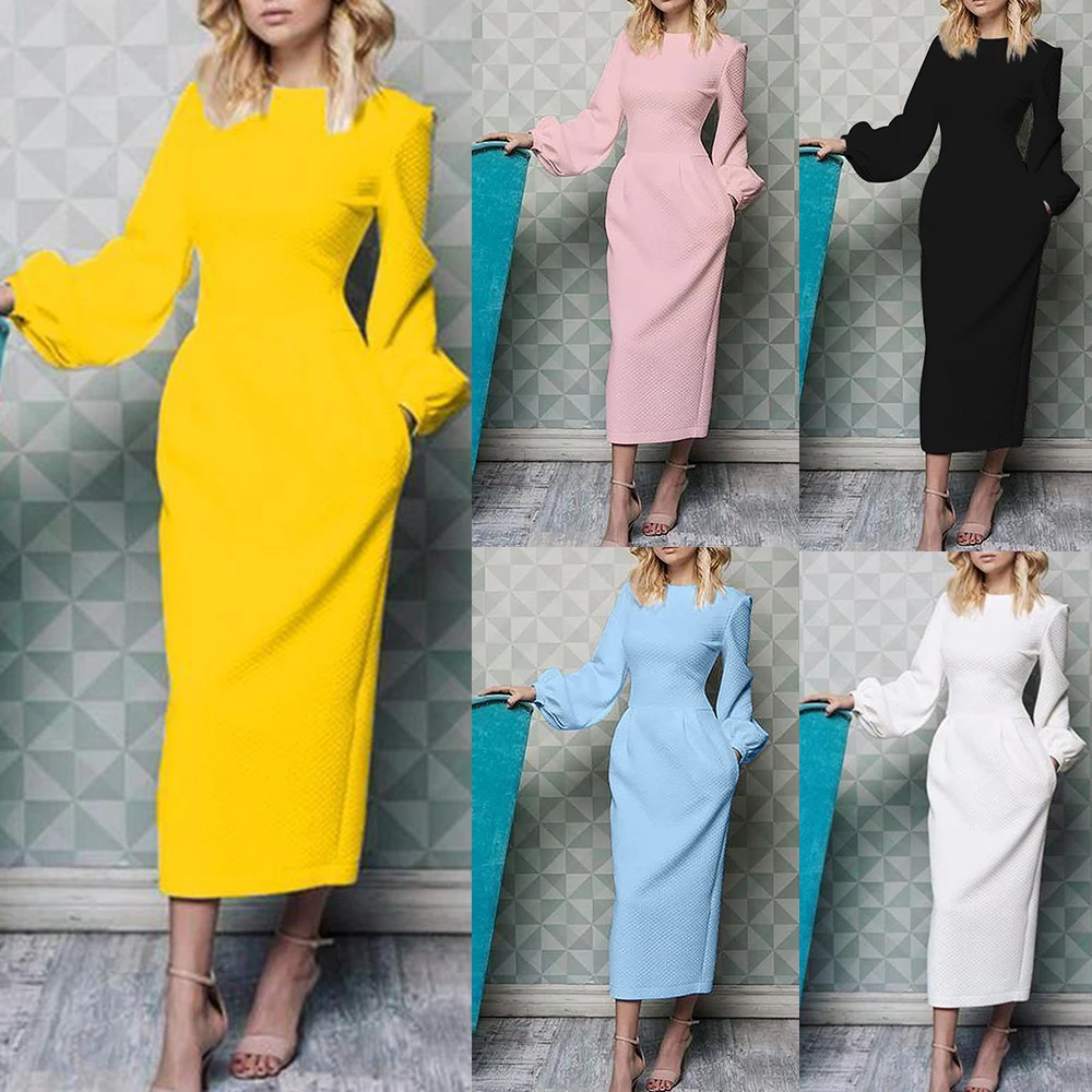 Женское модное однотонное длинное платье с пышными рукавами 2019 Новое