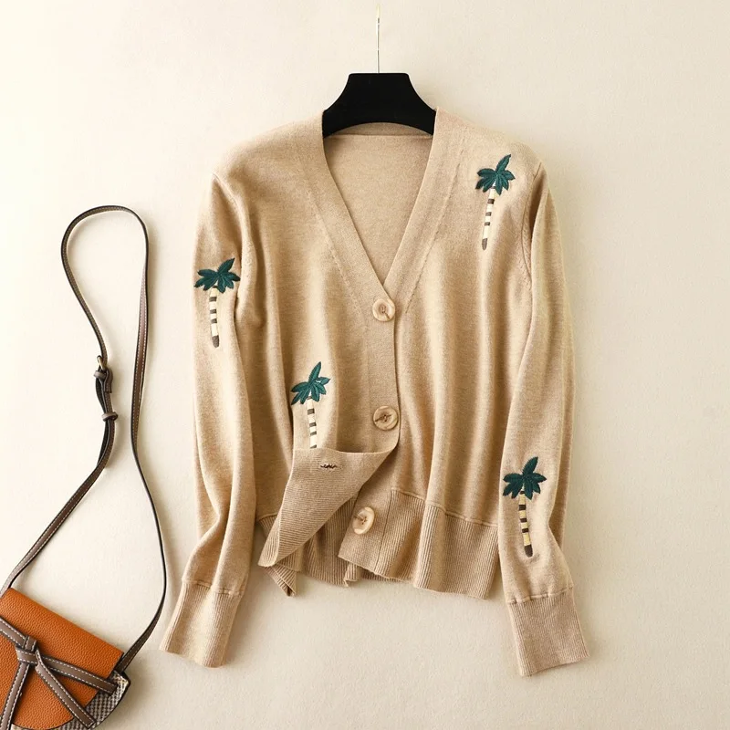 

2021 Autumn Winter Women Cardigans Knitting Women's Sweater Coat V-neck Loose Thick Long-sleeved Embroidery Cardigan Sweater