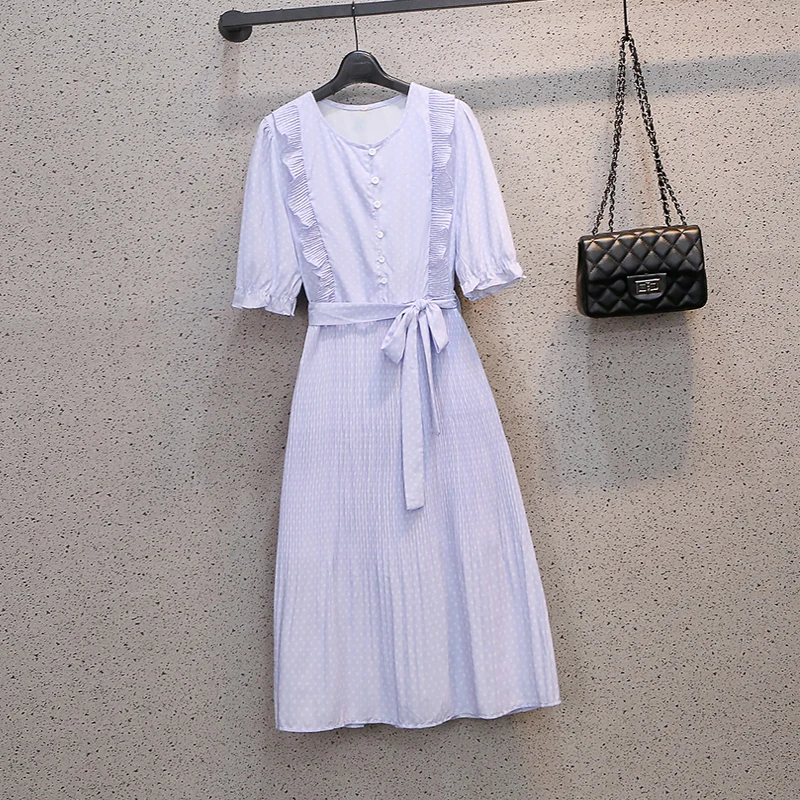 

Plus Size Women Dress 2021 Summer Chiffon Dot Print Bule Ruffles Sweet Flare Sleeve Holiday Knee Dresses women vintage robe
