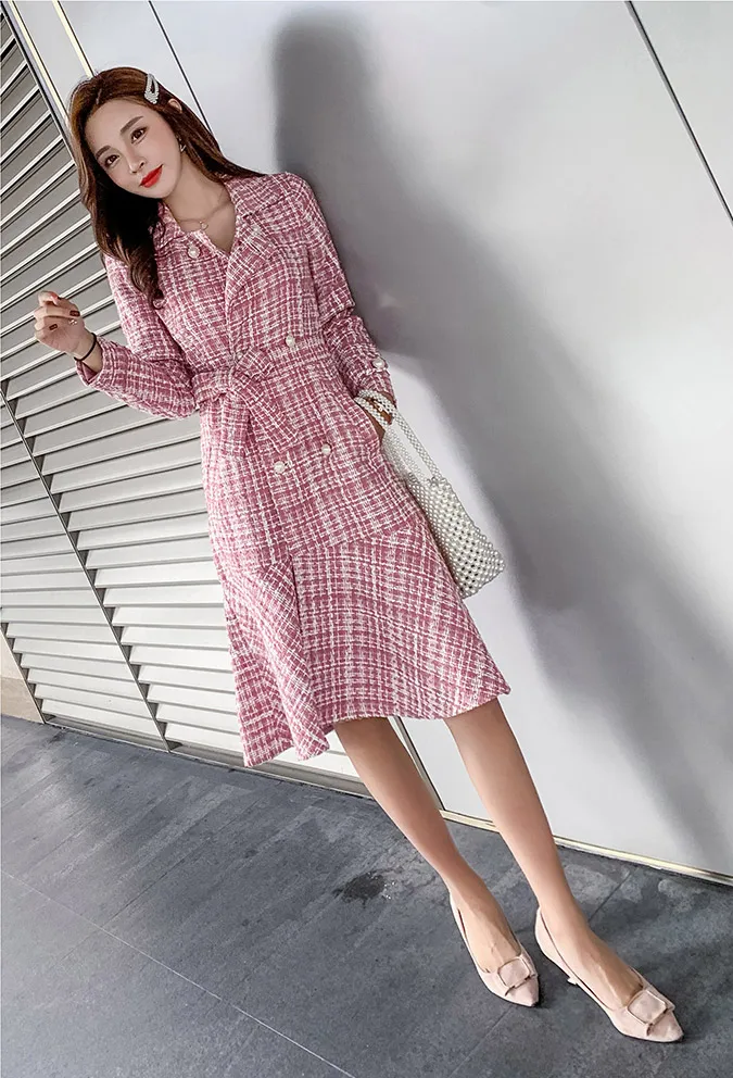 Осень зима розовый плед твидовое шерстяное длинное пальто для женщин Зубчатый Двойной Dreasted пояса рюшами шерстяное пальто Русалка верхняя одежда