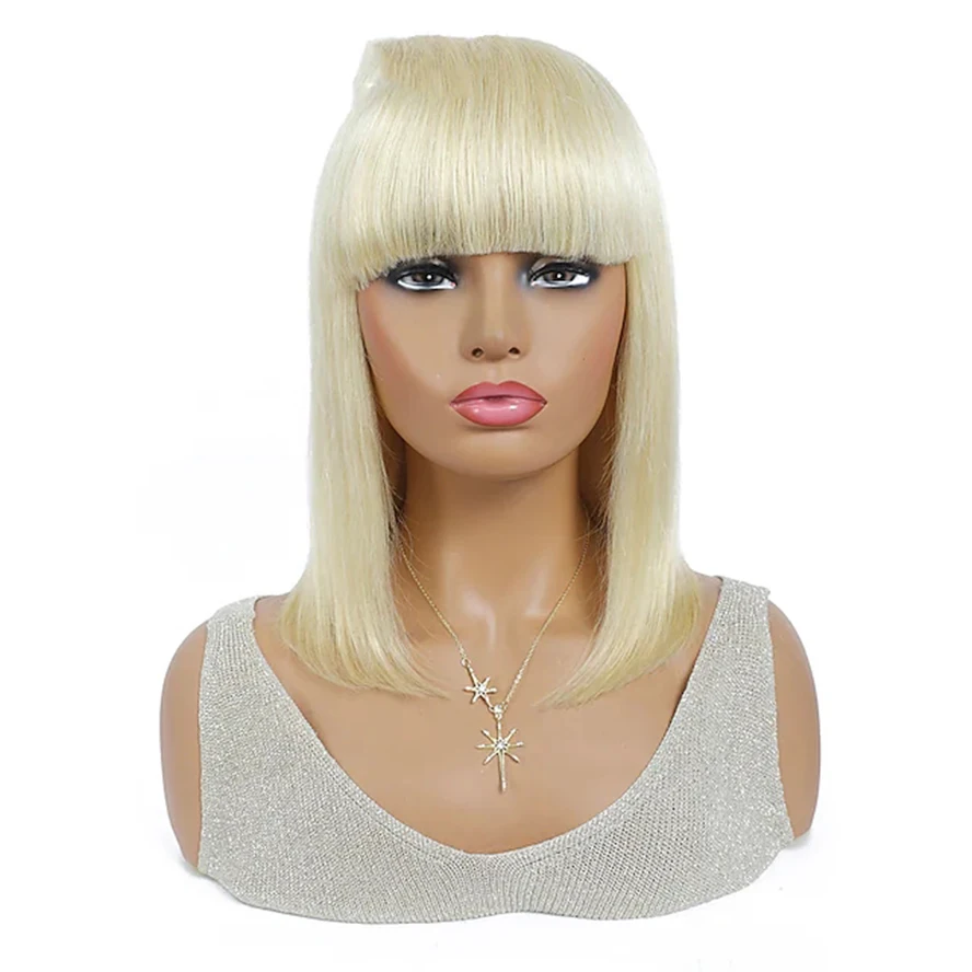 

150% Blonde 613 Straight Hair Blend Bob Wigs 12 Inch Brazilian Remy Human Hair Full Machine Non Lace Wigs With Bangs