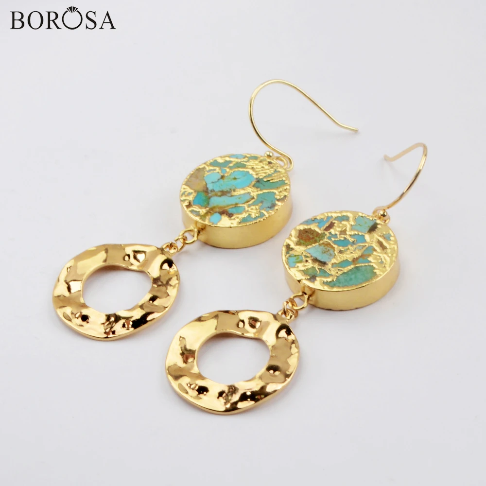 

BOROSA Trendy Round Natural Stone Dangle Earrings for Women Goldline Turquoises Statement Earrings Drop Earrings Women G1951