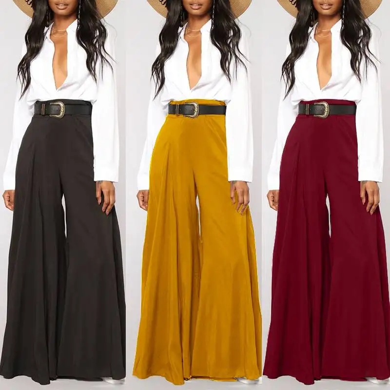 

Винтажные расклешенные брюки, женские широкие брюки с высокой талией ZANZEA, Модные осенние ретро брюки палаццо, однотонные длинные брюки