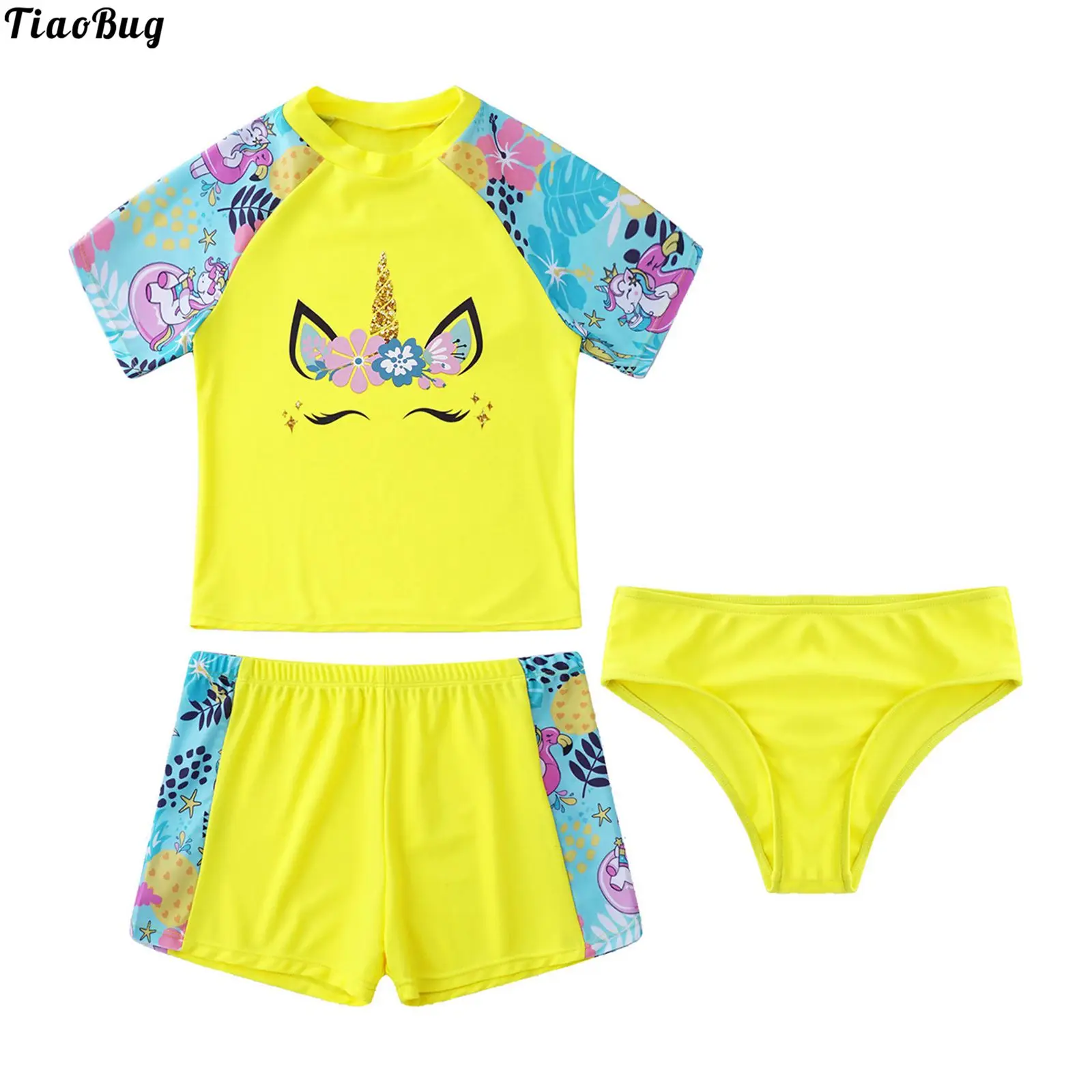 

TiaoBug 3Pcs Kids Girls Stand Collar Short Sleeves Cartoon Print Tops With Shorts And Briefs Set Pool Swimming Bathing Rashguard