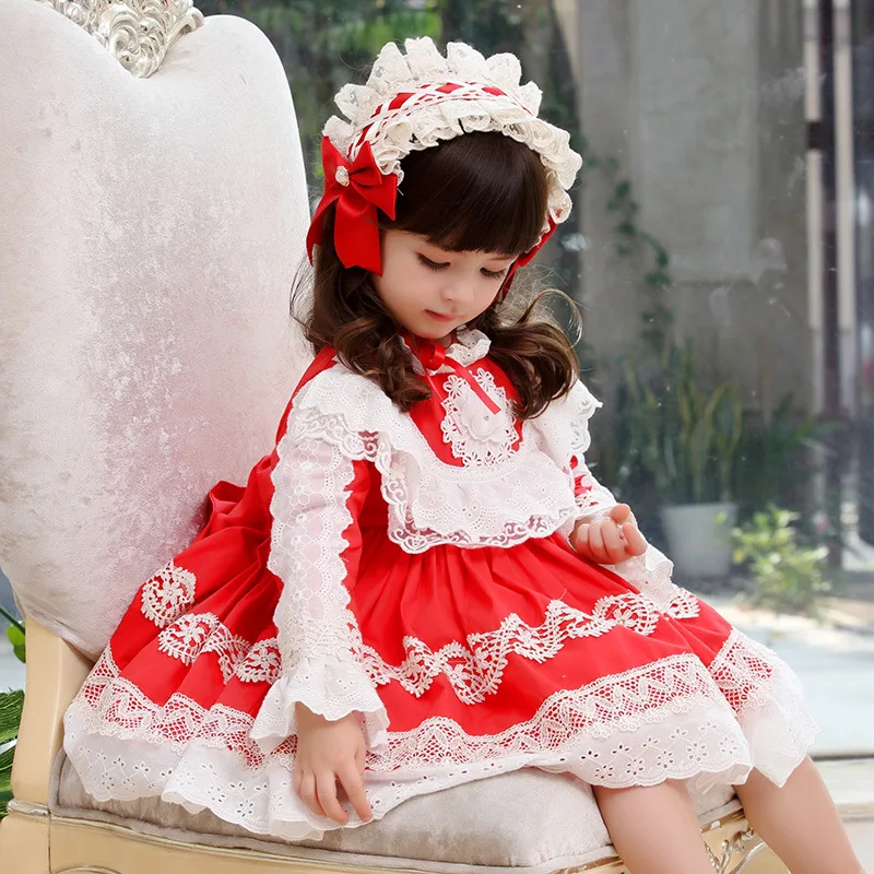 

2022 Kids Spanish Red Dresses for Girls Eid Birthday Party Clothes Toddler Infant Long Sleeve Lotia Ball Gowns Spain Boutique