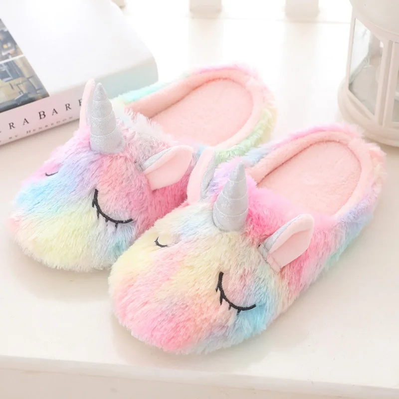 

House Women Fur Slippers Cute Colorful Unicorn Cartoon Cozy Home Grils Gifts Slippers Indoor Warm Plush Ladies Fluffy Shoes