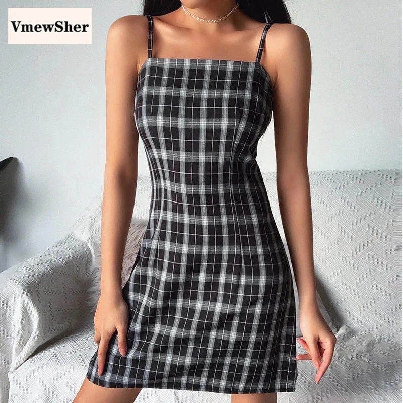 

VmewSher Sexy Plaid Sling Dress Women Sweet Party Slash Neck Dress Summer New Sleeveless A-line Slim High Waist Ins Short Dress