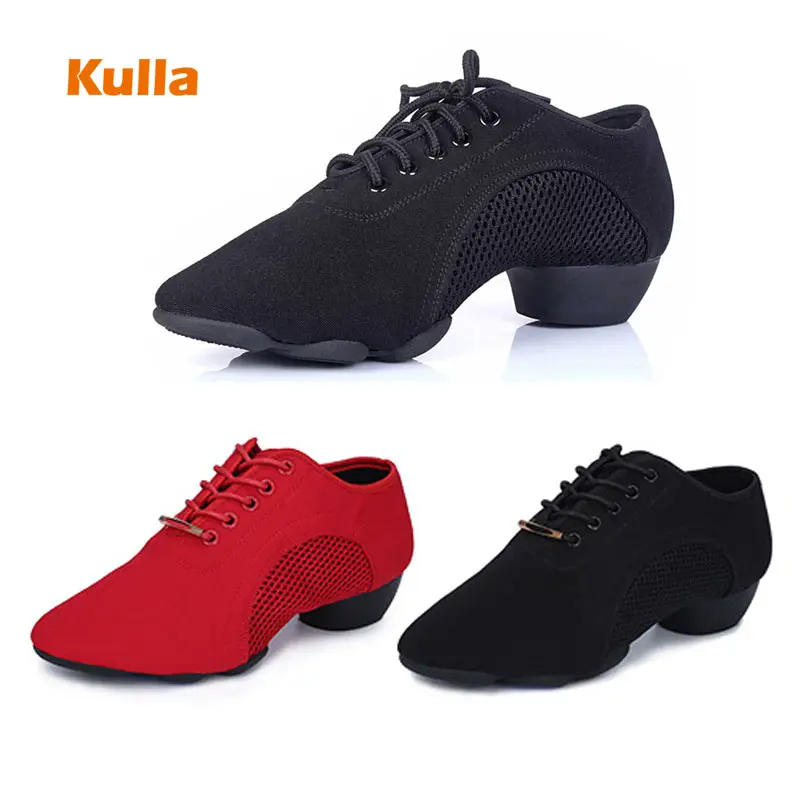 Salsa Dance Shoes Women Latin Ballroom Dancing Shoes Ladies Soft Mesh Breathable Middle Heels Black Red Female Fitness Yoga Shoe