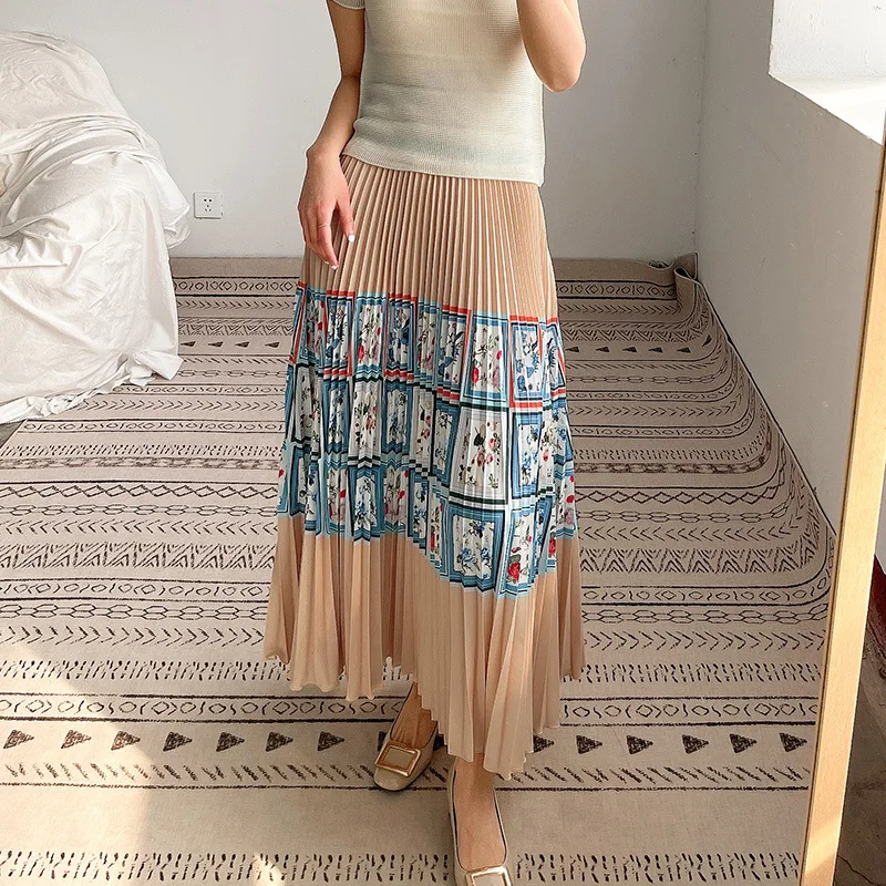 

TVVOVVIN Summer 2021 New Print Elastic Waist Mid-length Pleated Skirt Casual Loose All-match Female Skirt IB5I