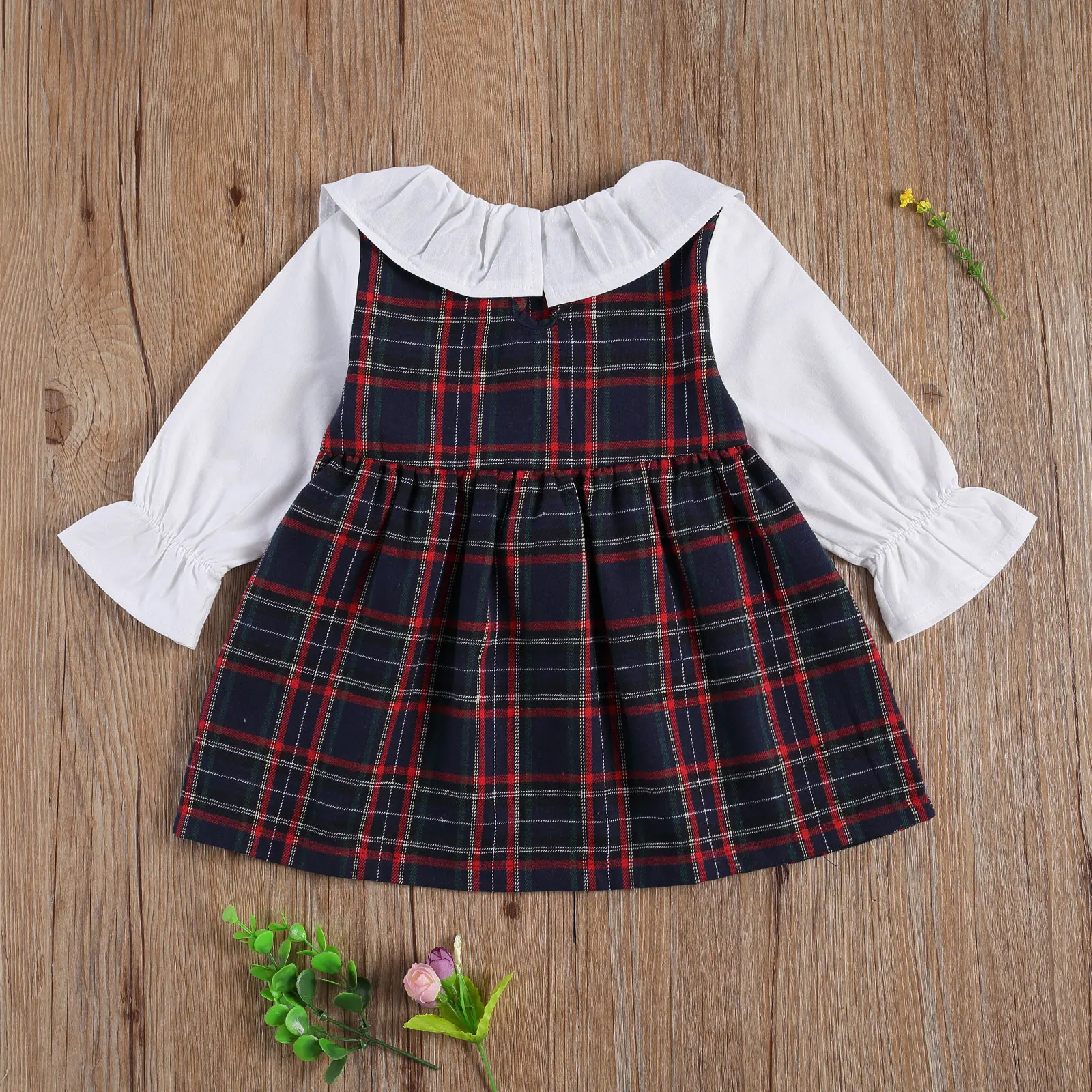 

Christmas 0-5Y Sister Baby Girls Romper/Dress Peter Pan Collar Long Sleeve Big Bow Plaid Print Outfits One Piece