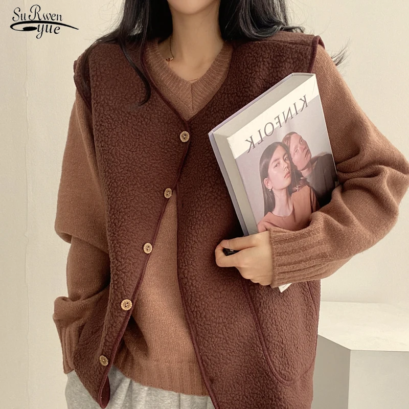 

Однотонный однобортный кашемировый жилет с V-образным вырезом, Осень-зима 2021, винтажный жилет, пальто, Женский Повседневный жилет в стиле пр...