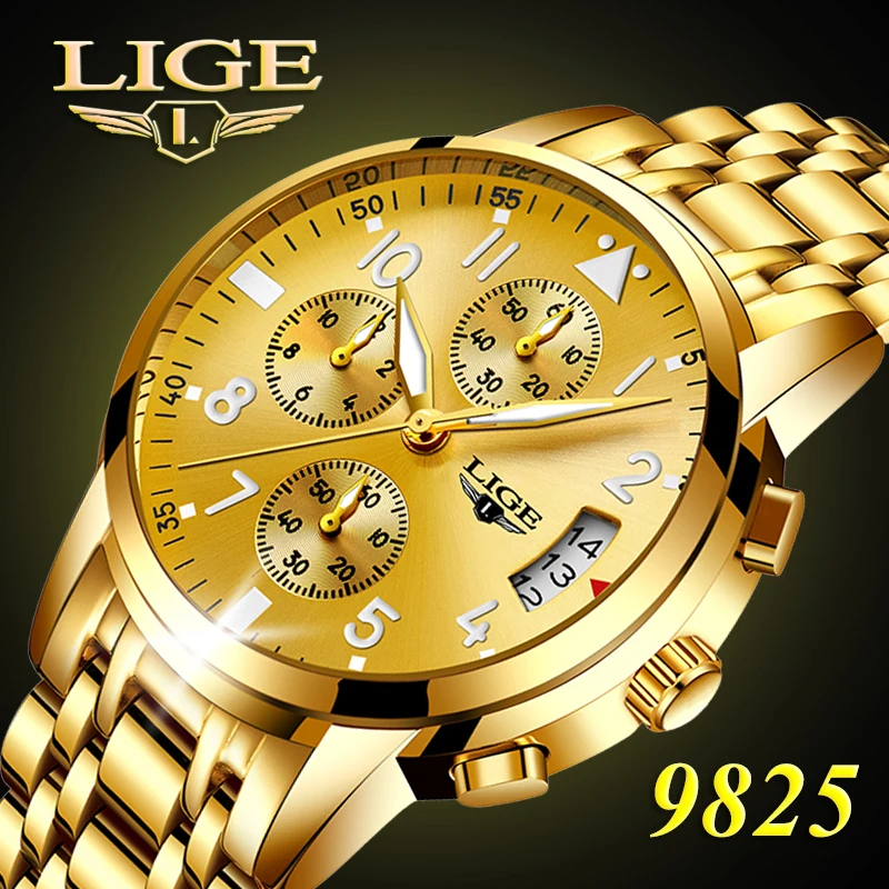 2019 LIGE мужские Топ люксовый бренд водонепроницаемые золотые часы с хронографом