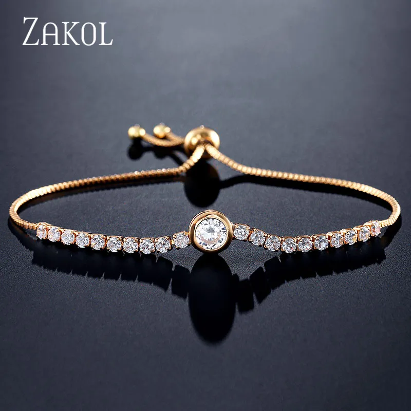 Gold Color Round ZAKOL модный браслет с кубическим цирконием для тенниса, регулируемый браслет для женщин, белый круглый кристалл, свадебные ювелирные изделия FSBP144 - Окраска металла: Gold Color Round