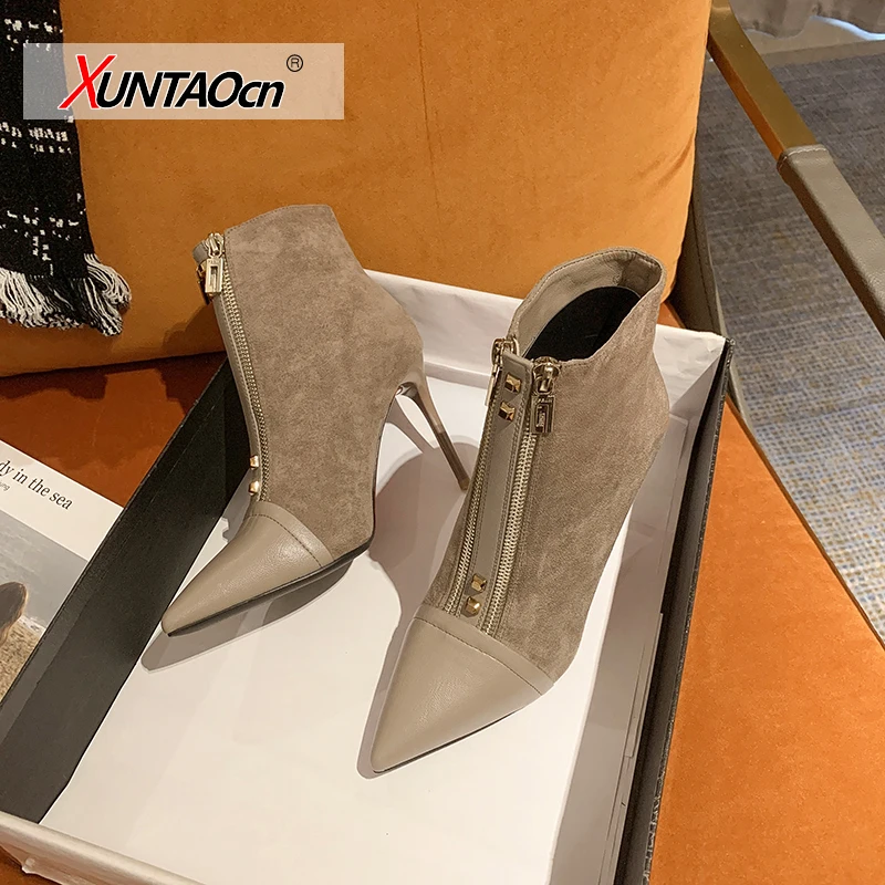 Short boots women's mid-heel pointed suede fashion boots autumn winter 2023 Korean version of the new front zipper women's shoes