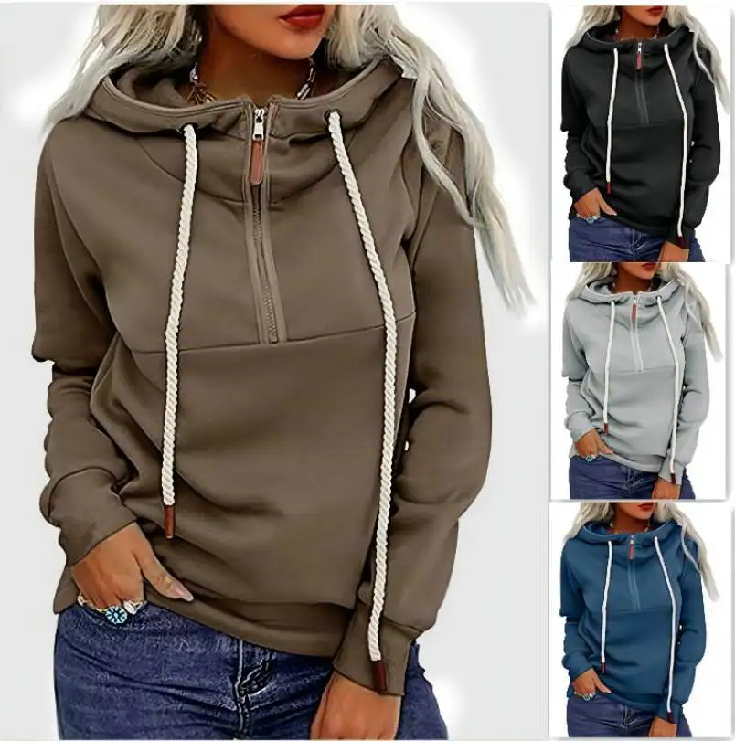 2022 Autumn And Winter Foreign Trade Women's Front And middle Zipper Plush Hooded Sweater in stock trade facilitation in seaports