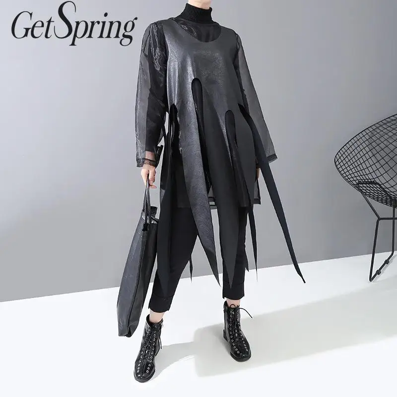 Женское Сетчатое платье GetSpring черное свободное из искусственной кожи с длинным