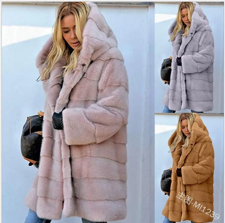 Осенне-зимнее меховое пальто с капюшоном куртки теплые шерстяные Длинные