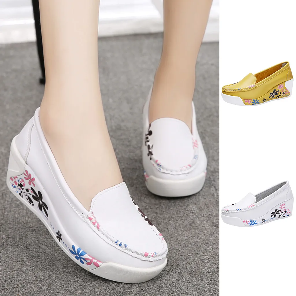 

New Shoes Woman Flower Print Platform Wedge Round Head Waterproof Platform Large Size Leisure Fashionable Shoes Woman Casual