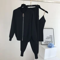 spring autumn women knitted 3 pieces sets tracksuits long sleeve zipper cardigans pencil pant summer sexy tank top female cloth