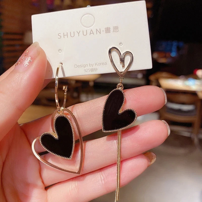 

AMORCOME Korean Fashion Jewelry Earrings Asymmetric Love Oorbellen Statement Women Earrings Tassel Heart-shaped Long Earrings