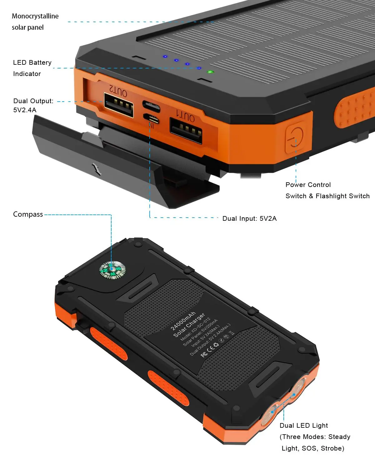 X-DRAGON Waterproof 24000mAh Solar Power Bank Портативный внешний аккумулятор с компасом для