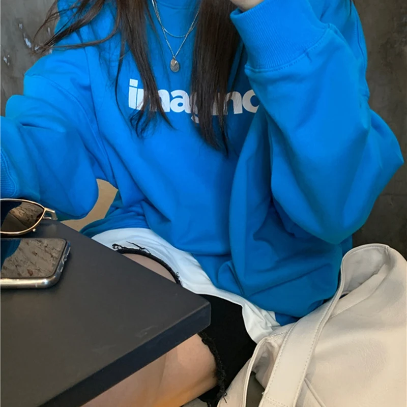 

Loose Sweater, Simple Letters, Thin, Round Neck, Long Sleeves, Drop Shoulders, Blue, One Size