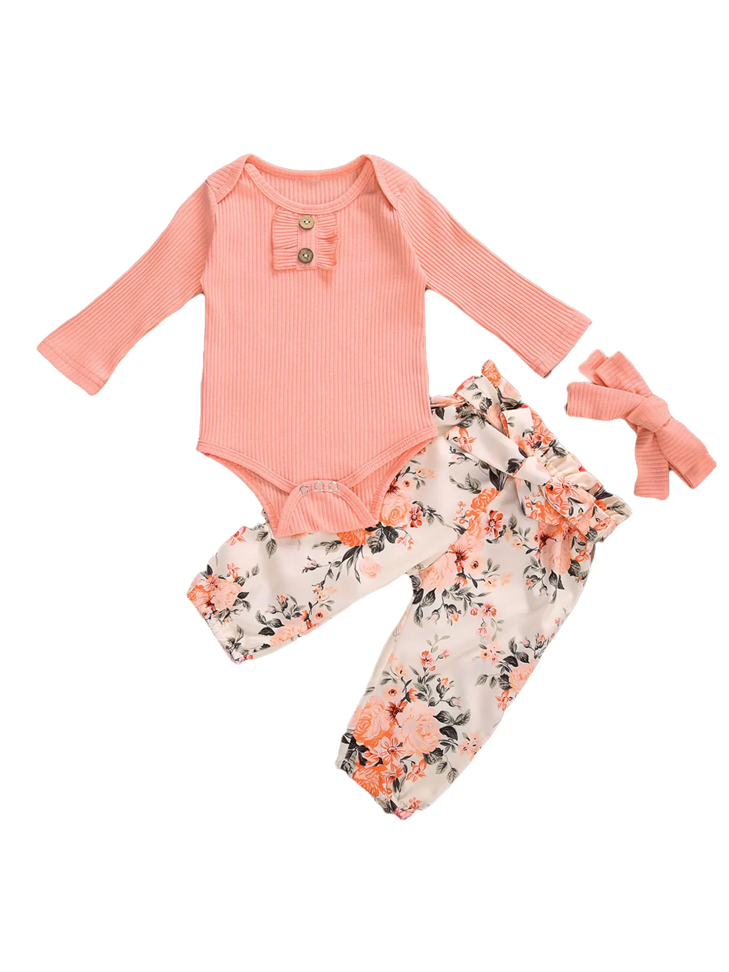 

Осенняя одежда для малышей однотонные комбинезоны с длинными рукавами, топ с цветочным принтом, штаны с завязками на талии + повязка на голову с бантом для маленьких девочек