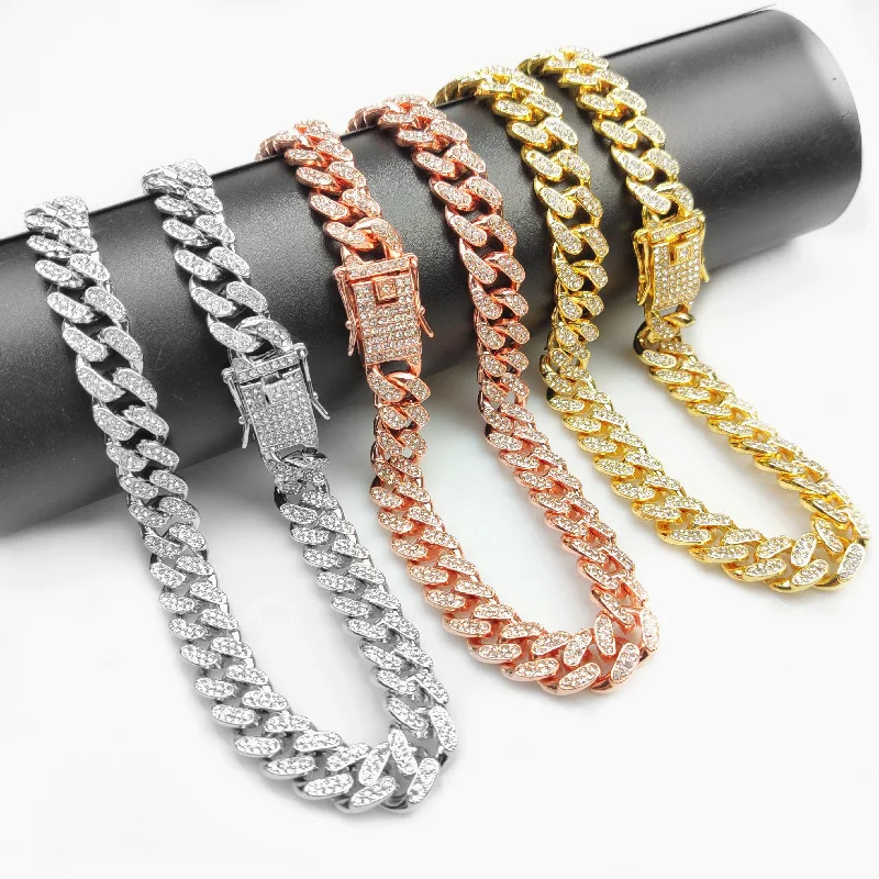 

12mm Wide Rap Iced Out Hip Hop Cuban Chain Big Gold Chain Gold Silver Color Rose Gold Alloy Bracelet Necklace