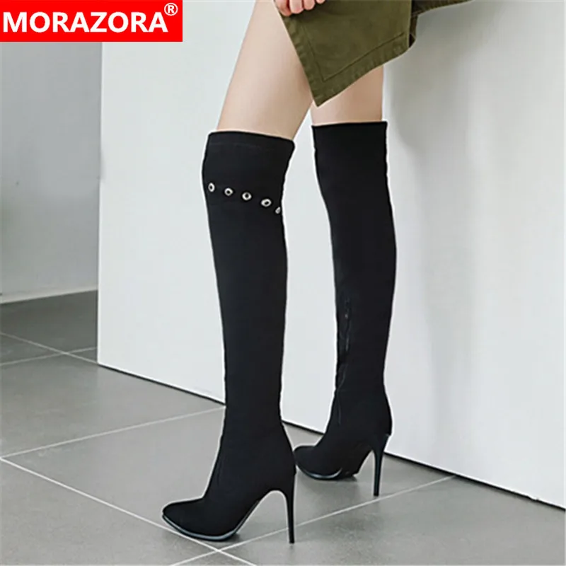 Женские сапоги из флока MORAZORA черные вечерние поги выше колена на тонком высоком