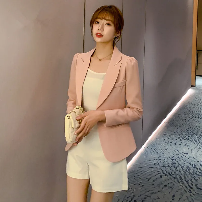 

Women's Slim Long Sleeve Short Blazer Korean Fashion Solid Color Suit Pink Jacket Female 2021 New Clothing X1643RX