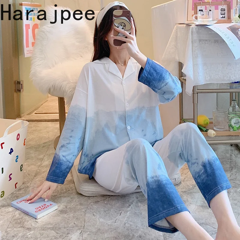 

Новинка 2021, стильная Пижама Harajpee, женский тонкий кардиган из чистого хлопка с длинными рукавами на весну и осень, домашние костюмы с градиен...