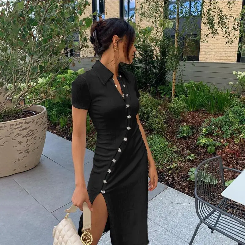 

Women's New Blouse Collar Button Slash Slit Dress