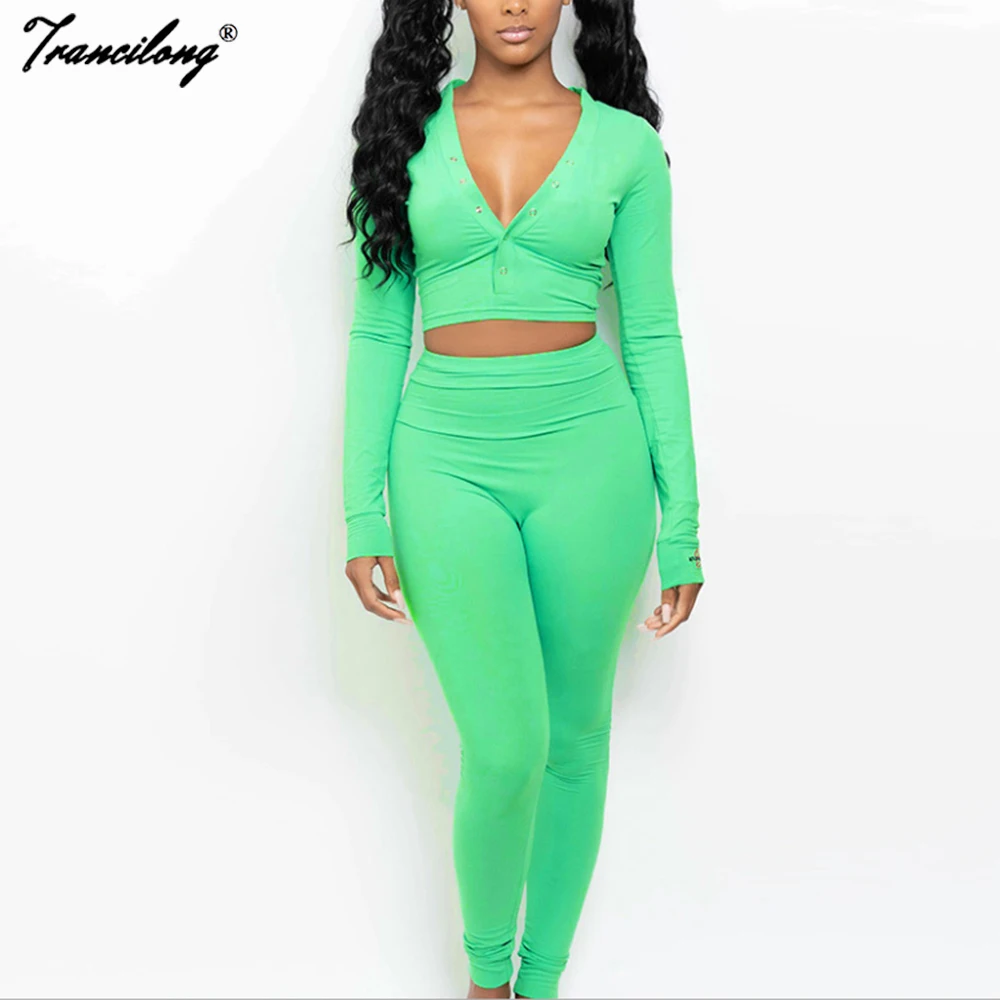 

Spring Women Suits 2021 Crop Top Ensemble Femme Soild 2 Piece Sets Women Outfits V Neck Buttoned Long Sleeve Tracksuit