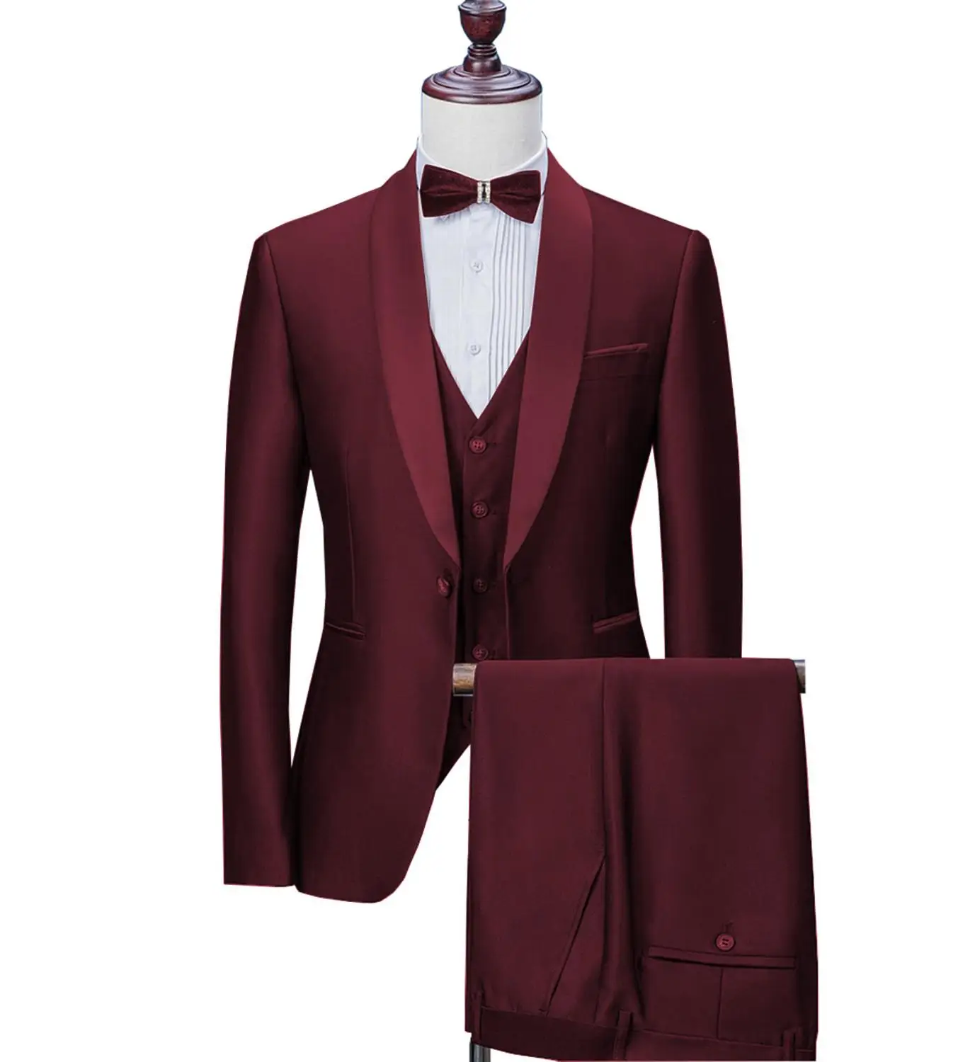 burgundy Мужские костюмы, свадебные костюмы для мужчин, воротник-шаль, 3 штуки, приталенный синий костюм, мужской смокинг, пиджак для свадьбы(Блейзер+ брюки+ жилет - Цвет: burgundy