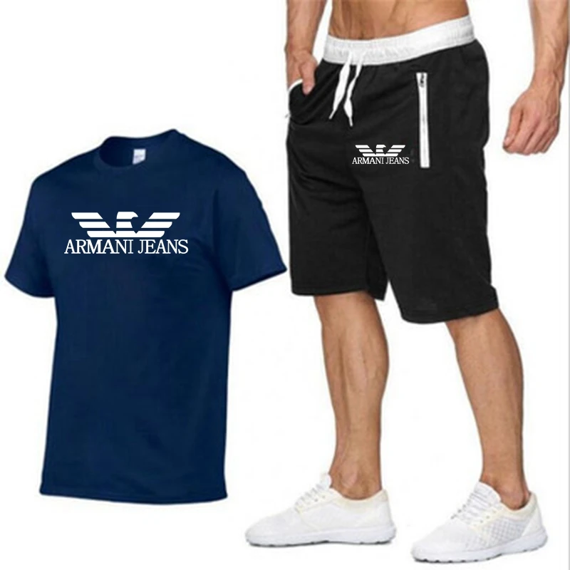 

2021 popular new brand printed cotton men's t-shirt + sports shorts suit high-quality pure cotton sports running t-shirt 2