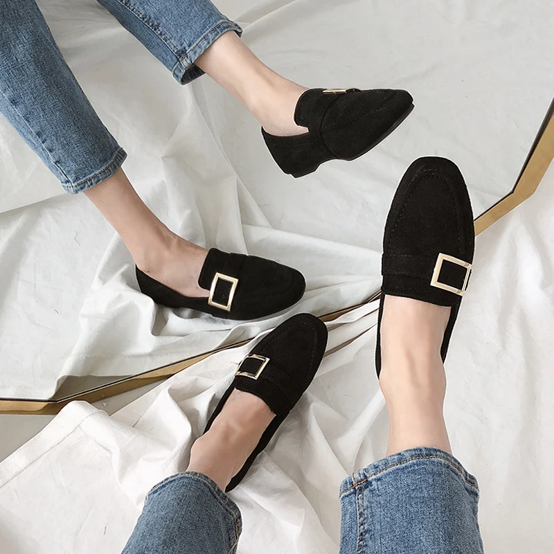 

Korean Style Ballet Flat Women's Shoes Shallow Mouth Low Heel Round Toe Loafers Female Metal Decoration Size 33-46