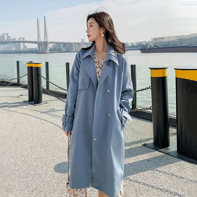 

Korean Style Loose Midi Trench Caot Women 2021 Autumn Lace-up Slim Windbreaker Jackets Ladies Fashion Casual Blue Outwear
