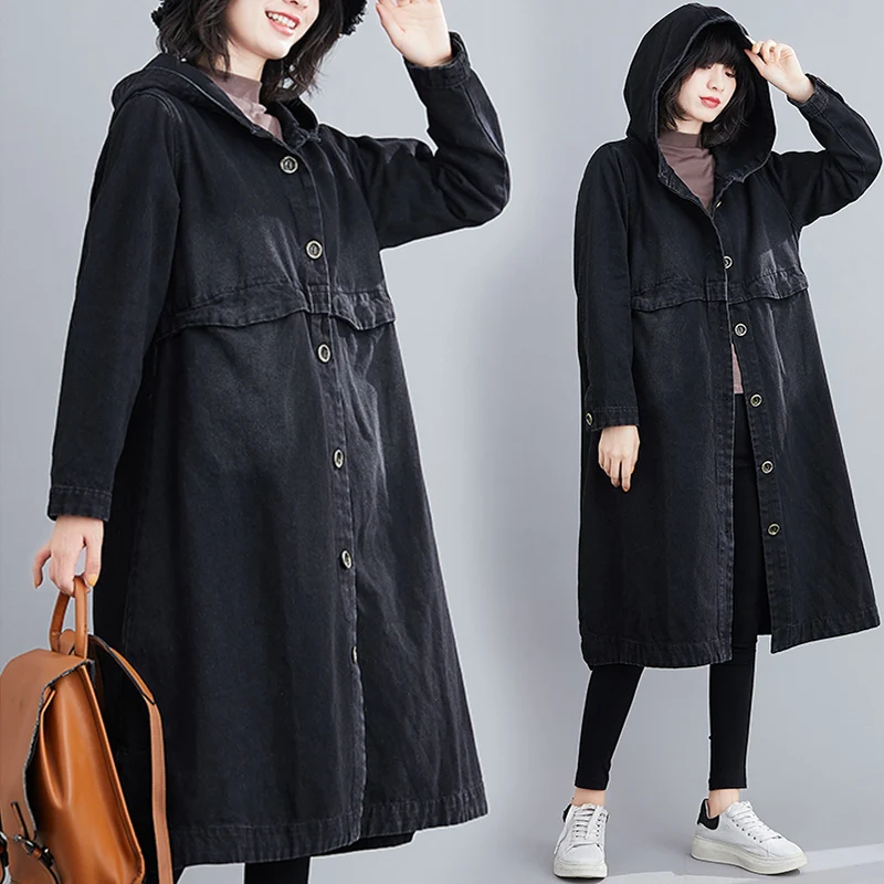 

Black Denim Windbreaker Female 2021 Fashion Spring and Autumn Loose Hooded Coat Plus size Casual Women Jeans Jacket Streetwear