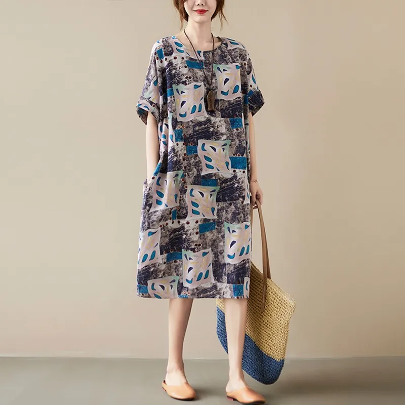 

Oversized Women Cotton Linen Casual Dress New Arrival 2021 Summer Vintage Print Loose Comfortable Female Long Dresses B571