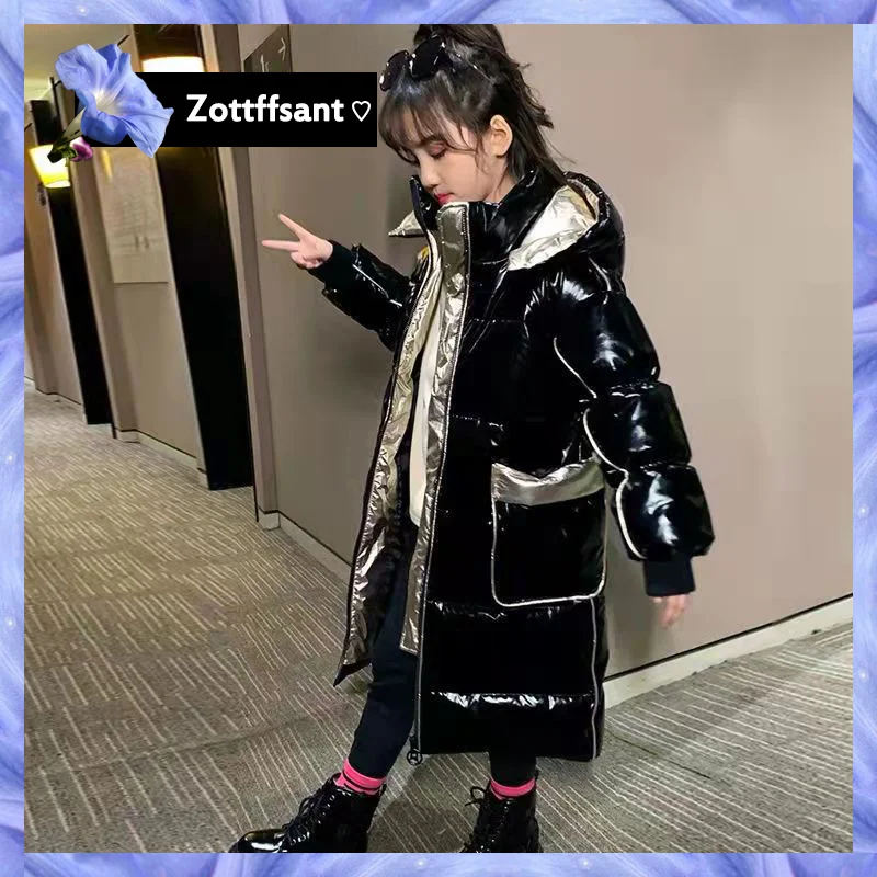 

4-12 Years Old Kids Girls Winter Coat Waterproof Breathable Glossy Outwear Jackets Snow Wear Big Pocket Hooded Children Parkas
